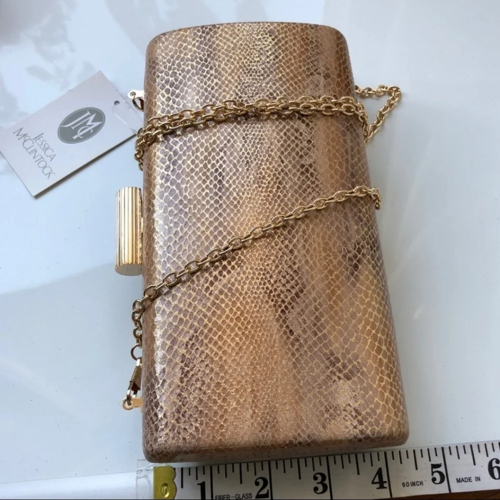 Jessica McClintock Gold Metallic Reptile‎ Chain Strap Clutch Shoulder Bag